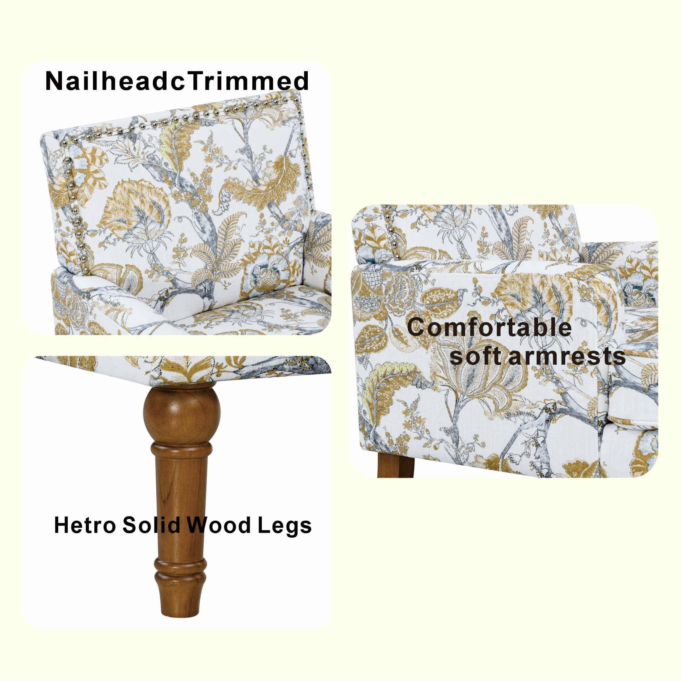 Noble House Floral Accent Chair with Nailhead Trim, Solid Wood Legs, Gold + Gray