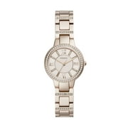 Fossil Ladies Virginia Three-Hand Pastel Pink Stainless Steel Watch (ES4482) and Fossil Ladies Heart Gold-Tone Stainless Steel Studs (JF03215710) bundle.