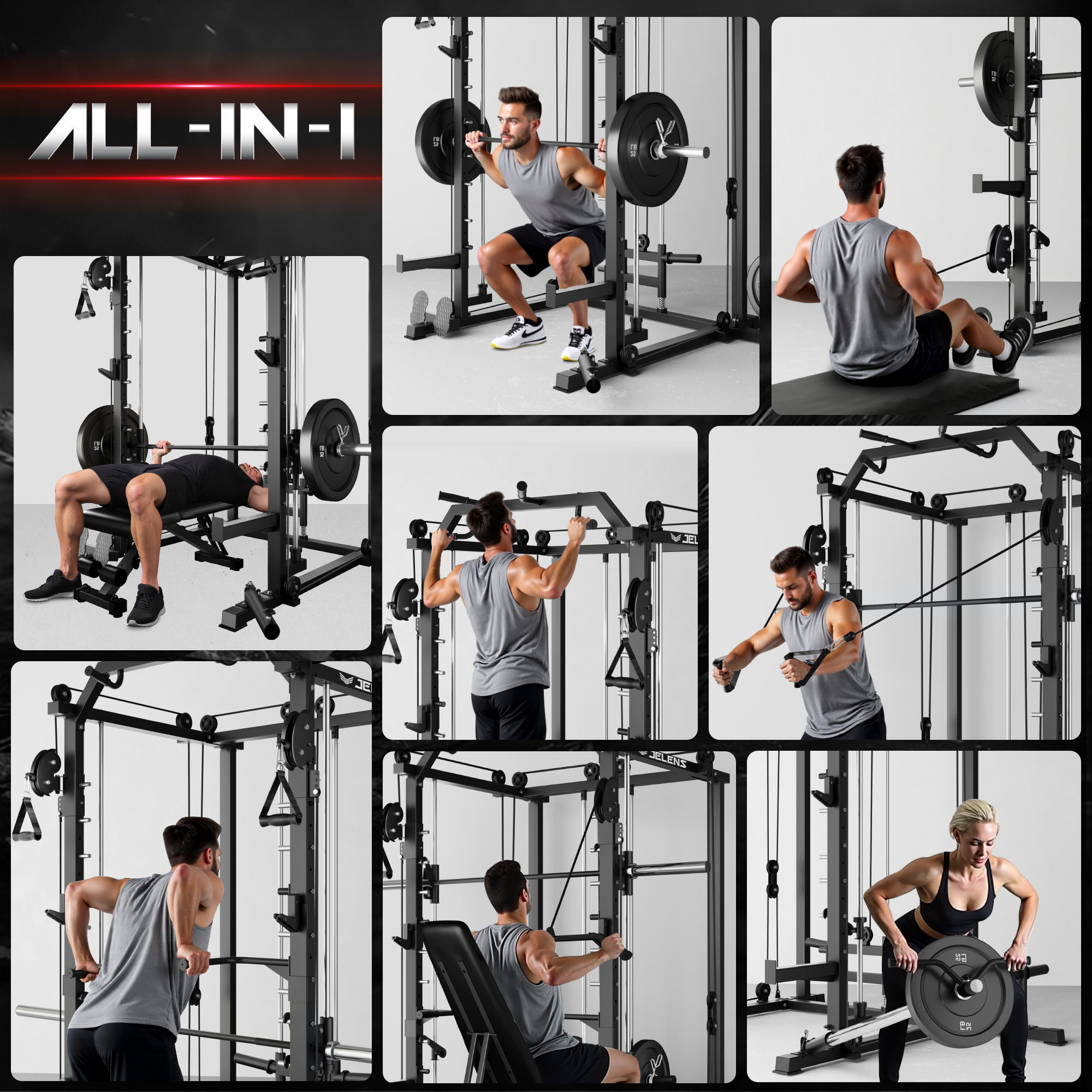 JELENS Smith Machine, 2000LBS M11 Multi-Function Squat Rack Power Cage with Cable Crossover System and Smith Bar, All-in-One LAT Pull-Down Machine for Home Gym