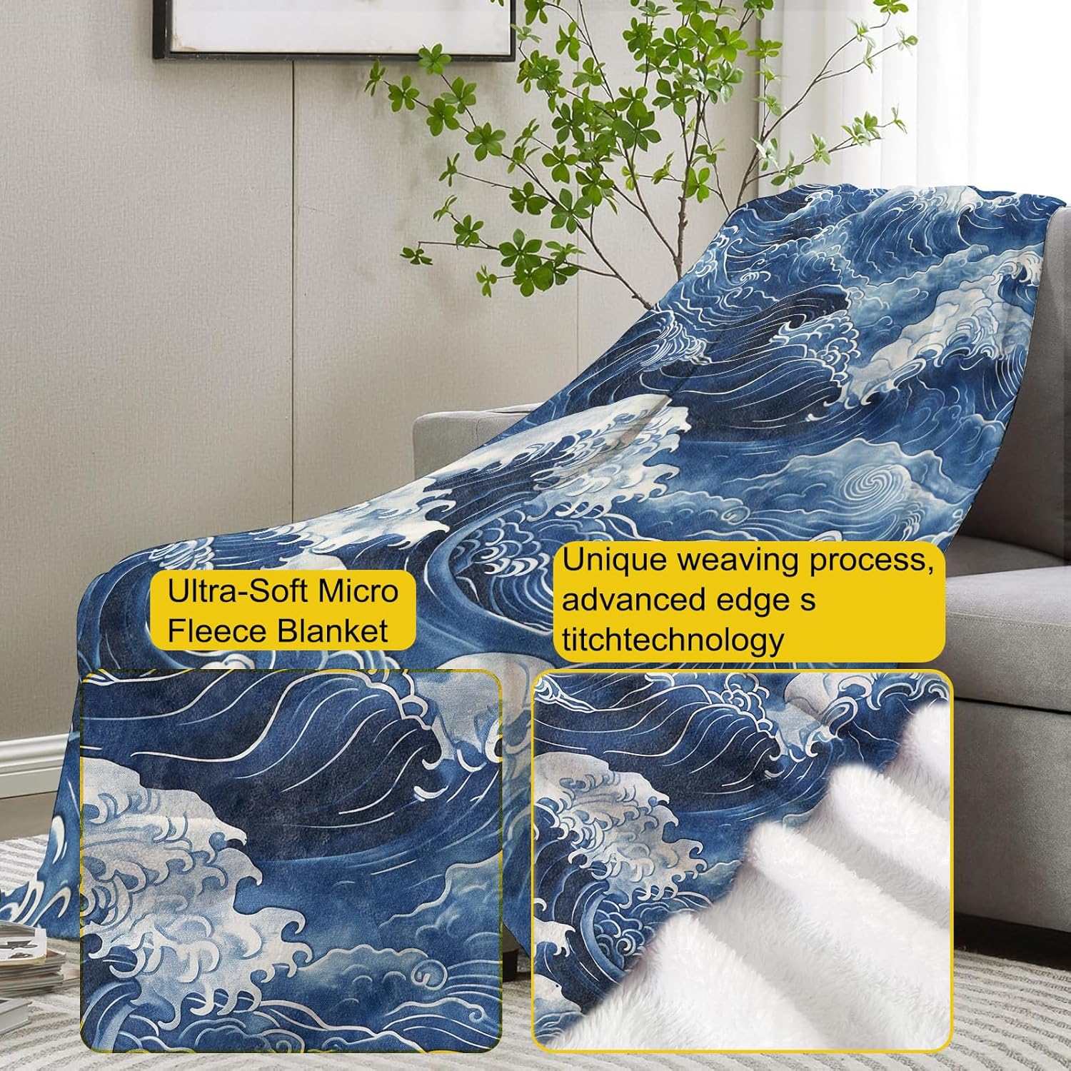 Japanese Wave Throw Blanket Gifts, Soft Cozy Fleece Blanket with Blue Ocean Wave Print, Blanket for Couch Bed Sofa, Perfect for Nautical Decor and Art Lovers, 50x60 in