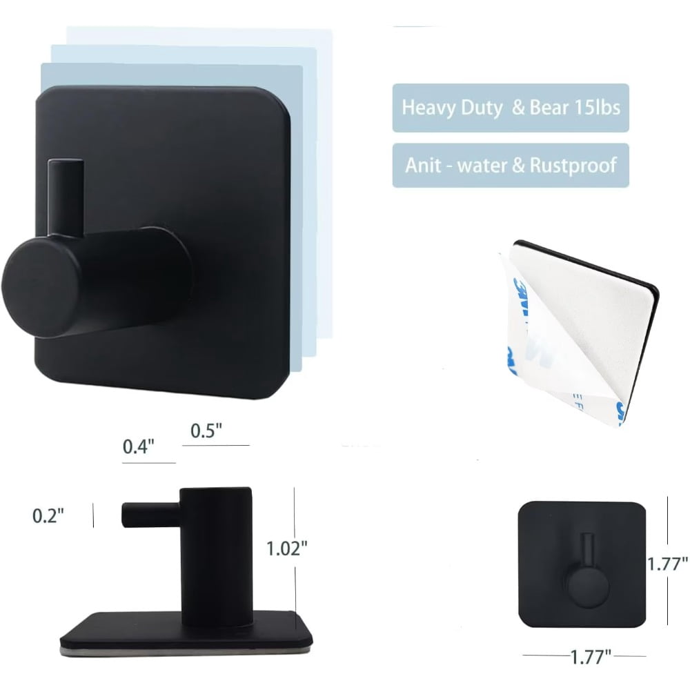 Hent 6-Pack Self-Adhesive Hooks — Featuring Strong Adhesive Backing, Ideal for Hanging on Walls and Behind Doors; Black Adhesive Hooks Designed Specifically for Bathrooms (Towel Hooks), Kitchens, and