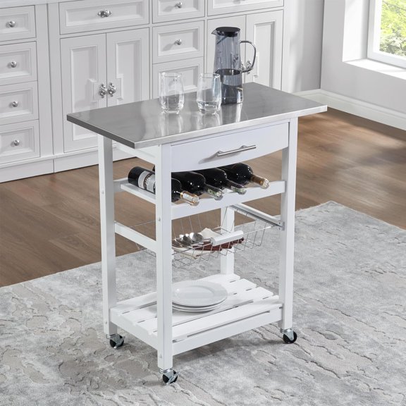 Stainless Steel Kitchen Island Cart 30-inch with Drawer & Storage Basket- Mobile Serving Cart with Solid Pine Frame, Lockable Wheels for Spacious Kitchens(White)