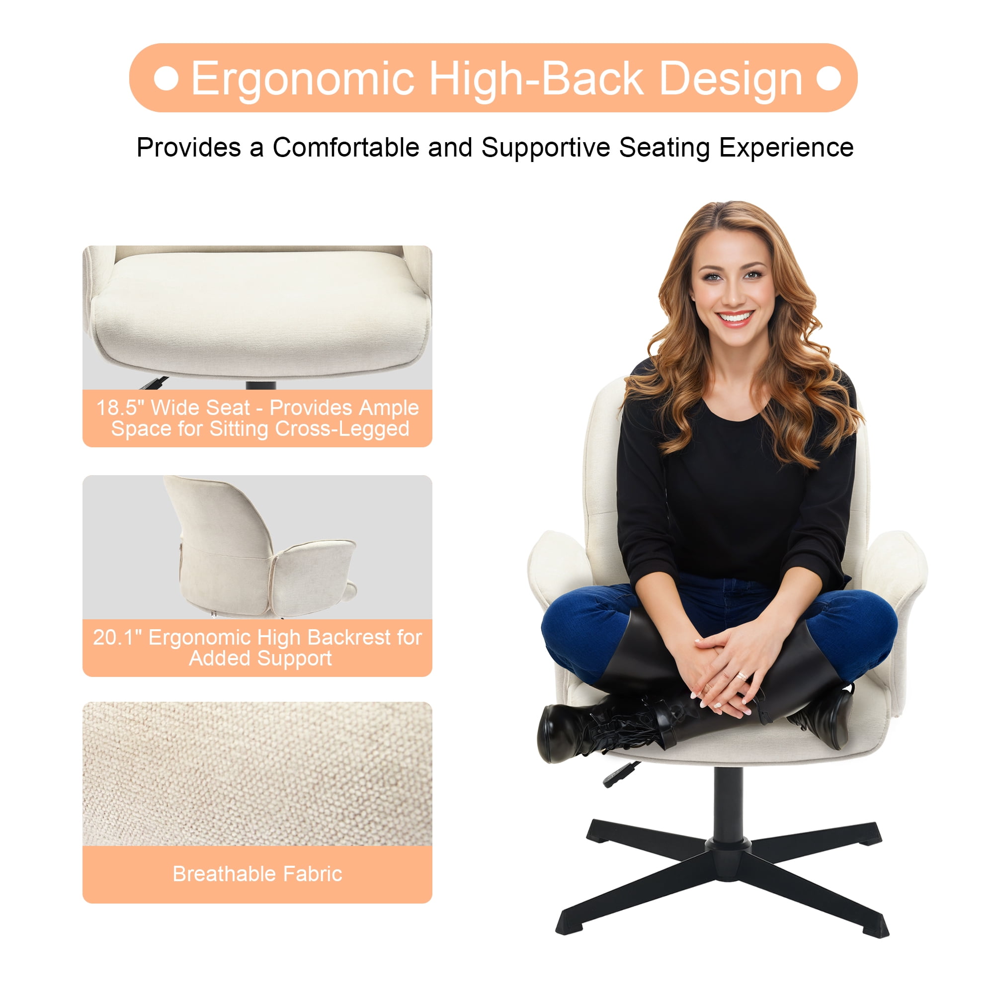 Homy Casa Off White Upholstered Swivel Desk Chair with Arms and Adjustable Height for Vanity