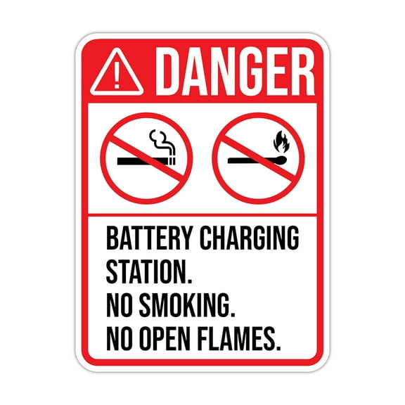 Portrait Round Plus Danger Battery Charging Station. No Smoking Or Open Flames. Door or Wall Sign | Health & Safety Signage - Medium