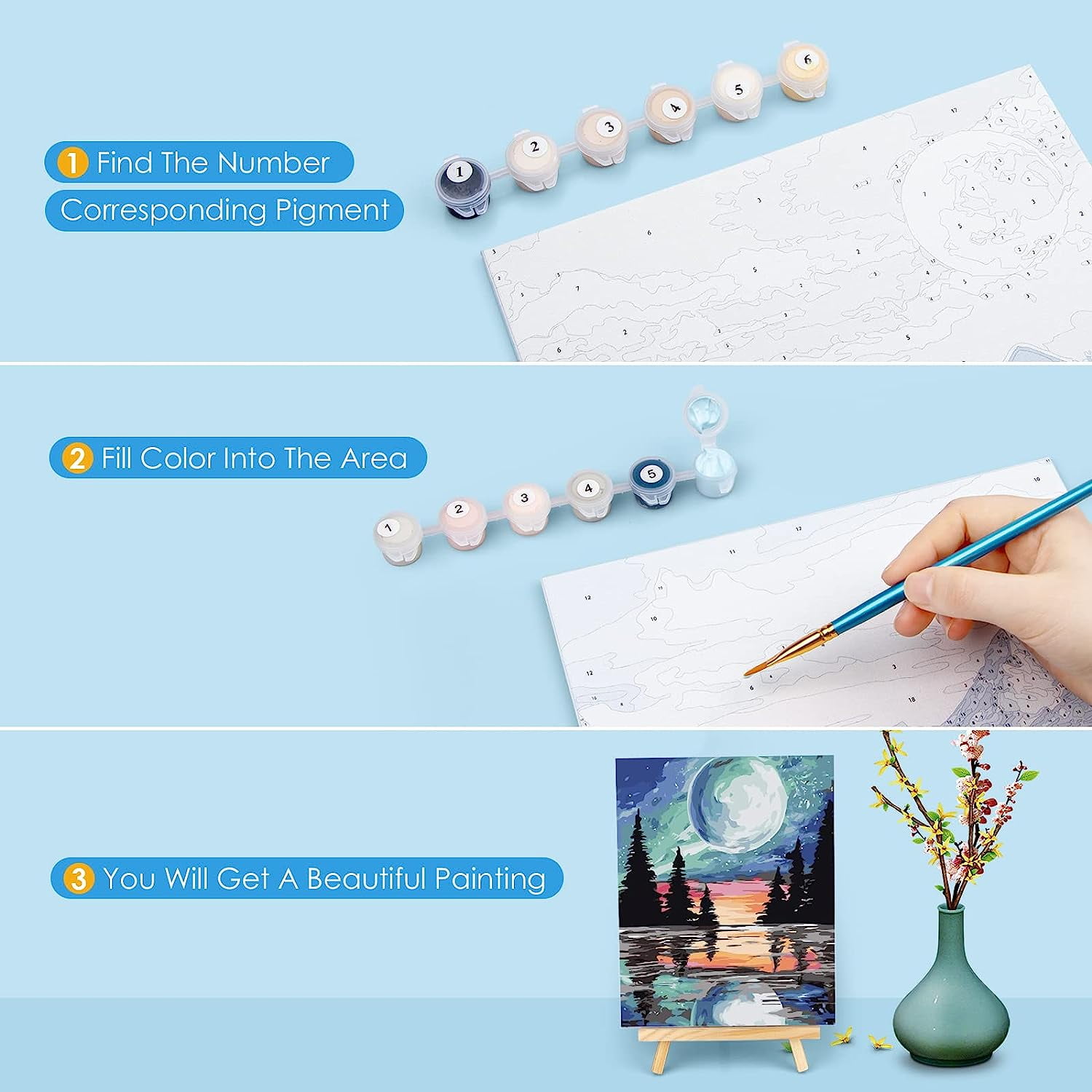 Qoosea 4 Pack Paint by Numbers Kits for Adults and Kids, Beginner DIY Arts & Crafts Set with Wooden Easel, Acrylic Paints, Brushes, 9 x 12 Inch Canvas
