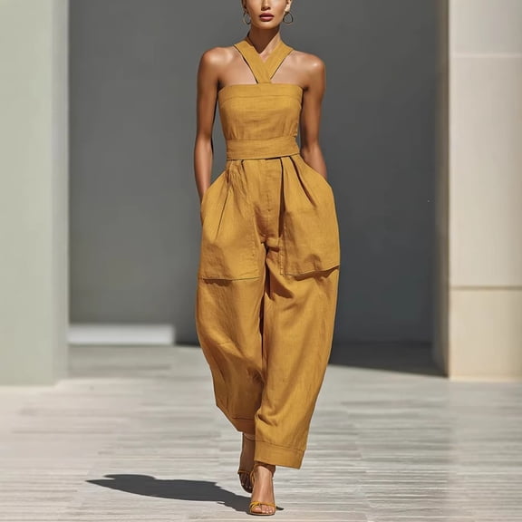 Morttic Women's Boho Halter Jumpsuit – Adjustable Tie, Backless, High Waist, Wide Leg with Pockets, Solid Color Casual Wear Yellow,S