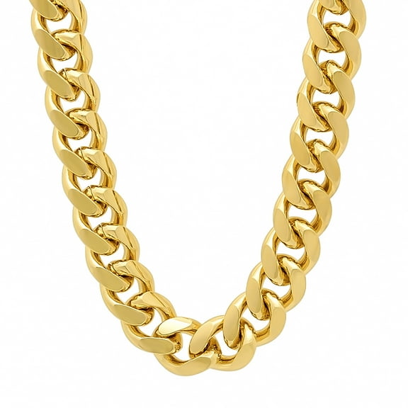 Men's 11mm Large 14k Yellow Gold Plated Flat Cuban Link Curb Chain Necklace, 30 inches