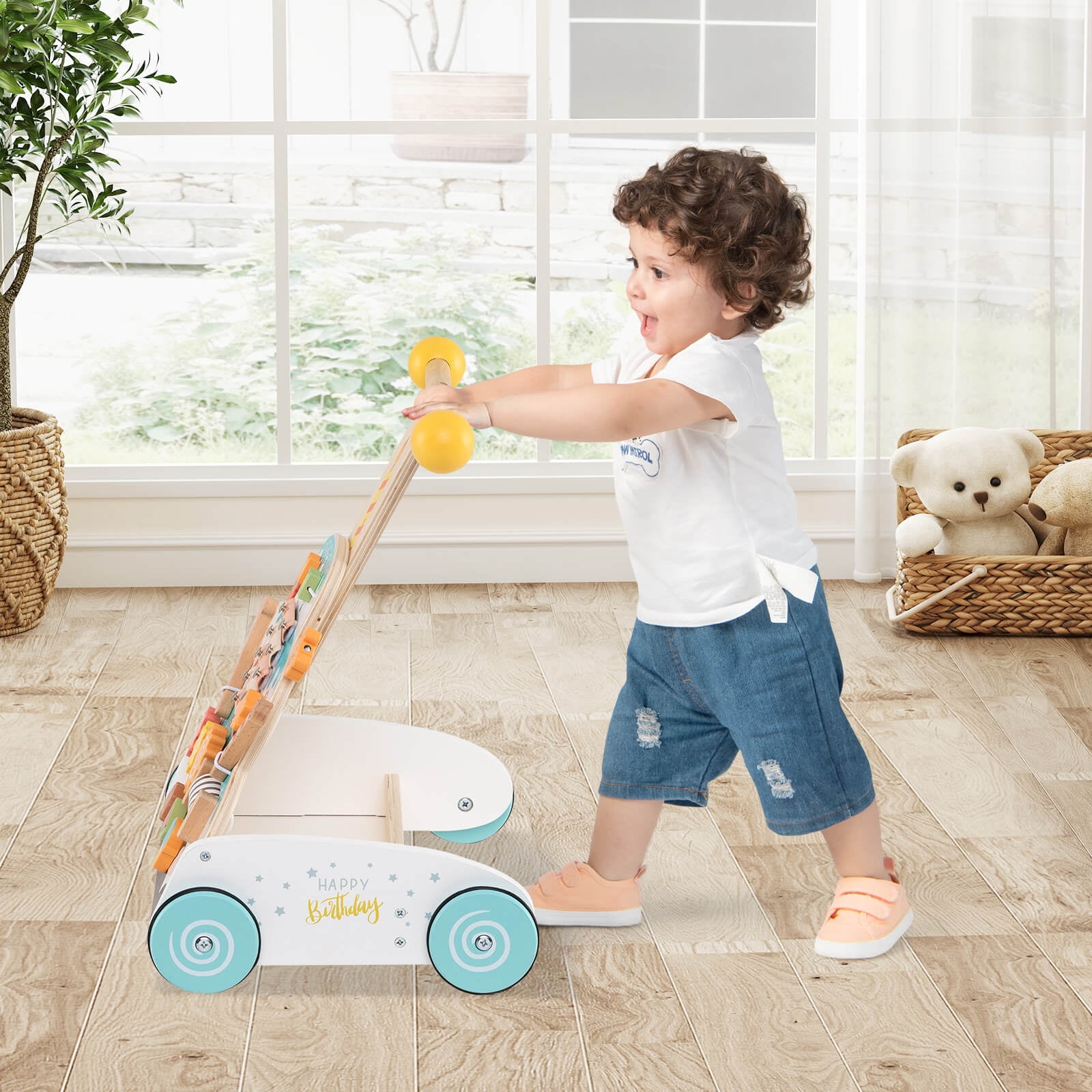Infans Wooden Baby Walker Ice Cream Cart Toy with Sweet Accessories & Smooth Wheels