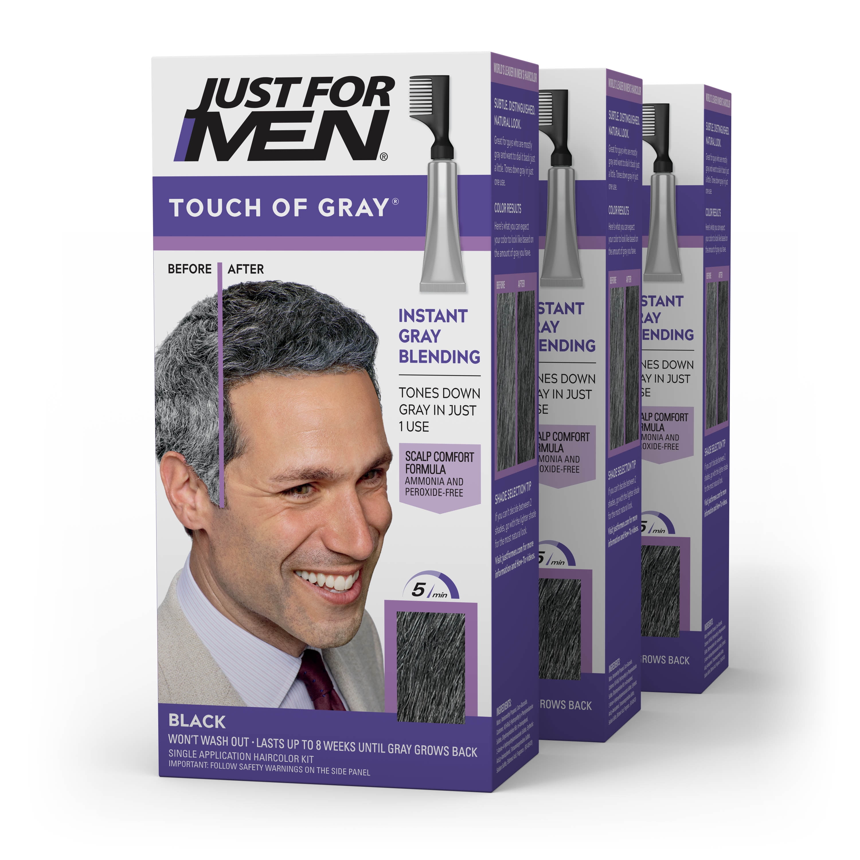 Just For Men Touch of Gray Hair Color, T-55 Black, 3 Pack 