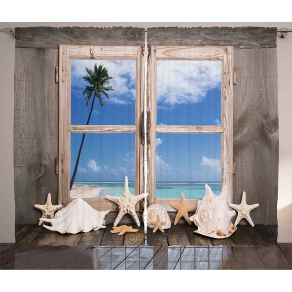 Ambesonne Beach Curtains 2 Panel Set, Seashells Starfish Palms, 108" x 63", Pale Brown Sky Blue