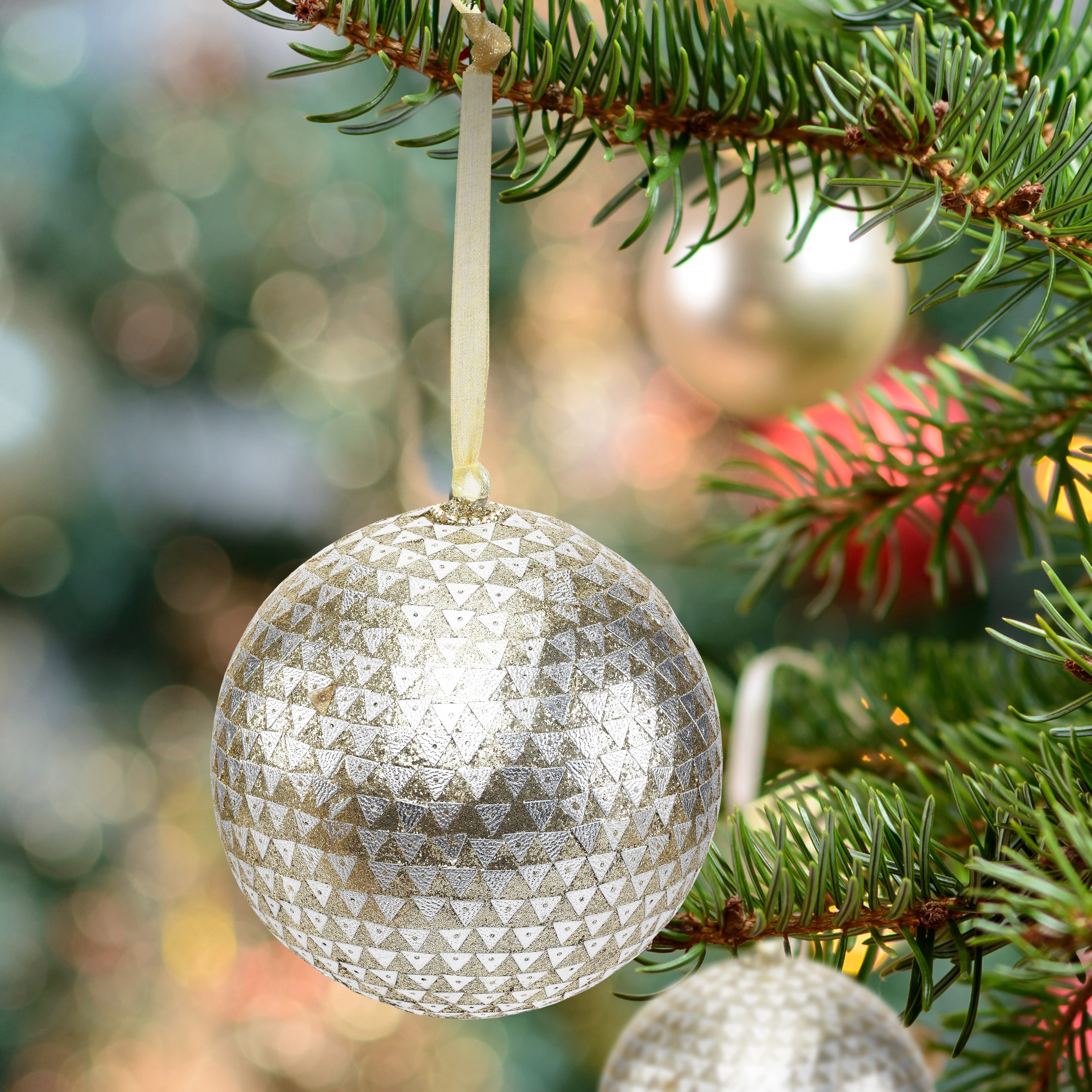 Lr Home Sequenced Trianglular Mosaic Handcrafted Globe Multi-color Geometric Plastic Christmas Ball Ornaments, 4 Count (4.5")