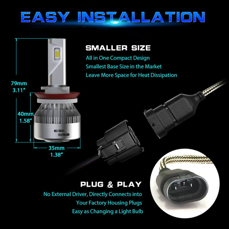 LASFIT Bombillas LED H11 H8 H9, superbrillantes 2023 H16 6000K tamaño mini  fácil de instalar, nueva actualización sin polaridad, paquete de 2