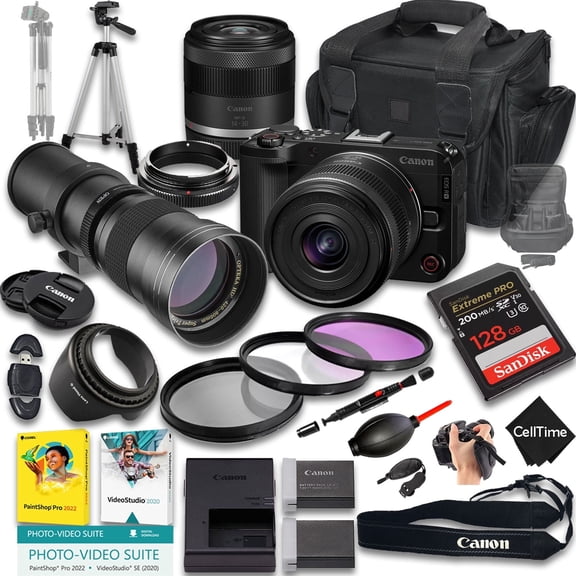 Canon EOS R50 V Mirrorless Camera with RF-S 14-30mm f/4-6.3 IS STM PZ And 420-800mm f/8 Manual Super HD Telephoto Lens   128GB Memory   More (21pc Bundle) (International Version)