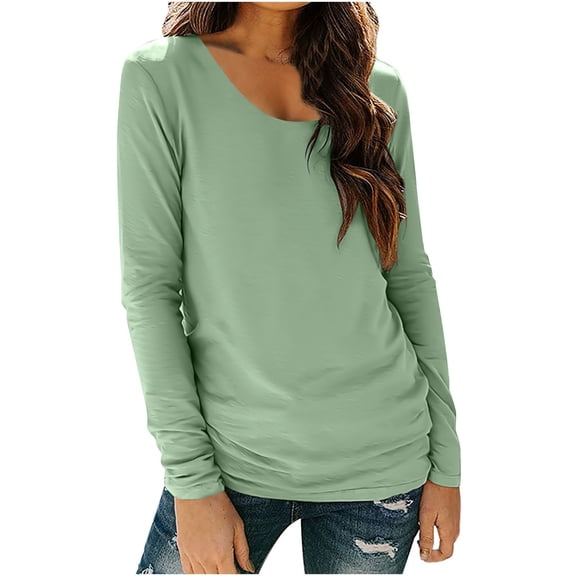 Plus Size Tops for Womens Fashion Solid Color Long Sleeved Base With Round Neck Casual Pullover T-shirt