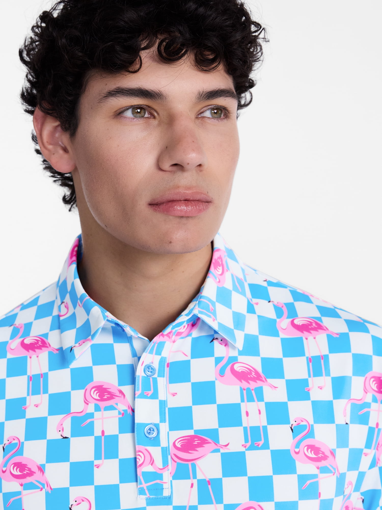 Birdie Bound Men's and Big Men's Printed Checkerboard Flamingo Polo Shirt, Sizes XS-4XLT