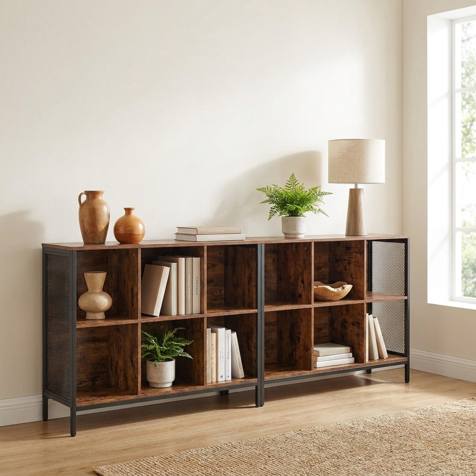 Furnibear 6 Cube Bookcase 42" Wide Horizontal Bookshelf with Accent Cubby Shelf for Living Room Home Office Bedroom Display Storage, Rustic Brown
