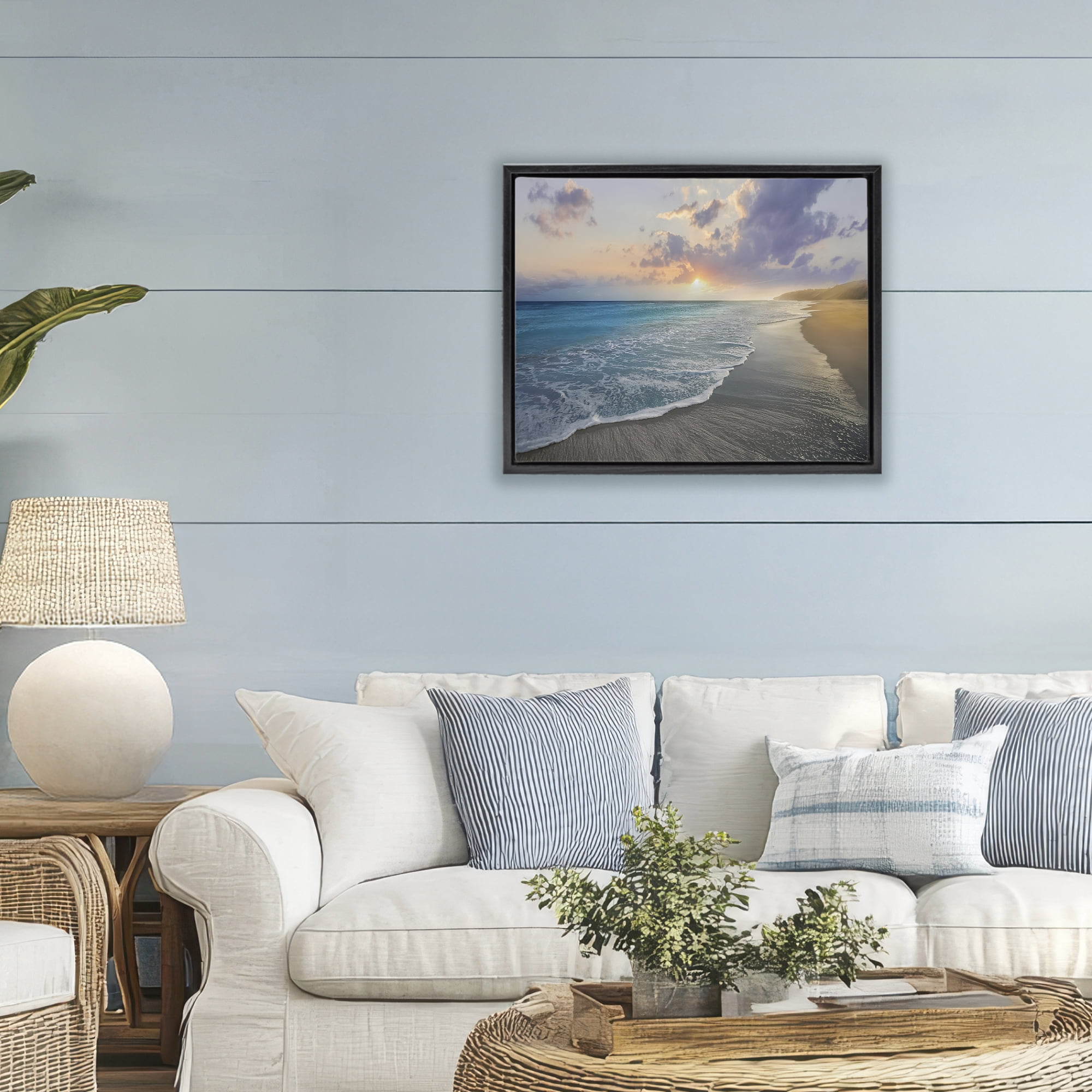 Stupell Industries Sunset over Tranquil Coast Black Framed Floater Canvas Wall Art, design by Mike Calascibetta