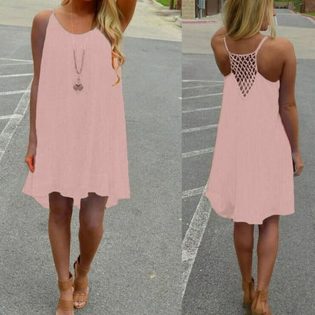 Bramtres Sundresses for Women 2024 Midi Dresses Short Fashion Summer Out Women Howllow Back Chiffon Strap Spaghetti Beach Dress Women s Dress Beach Dress Modest Dresses Summer Dress Pink Dress M