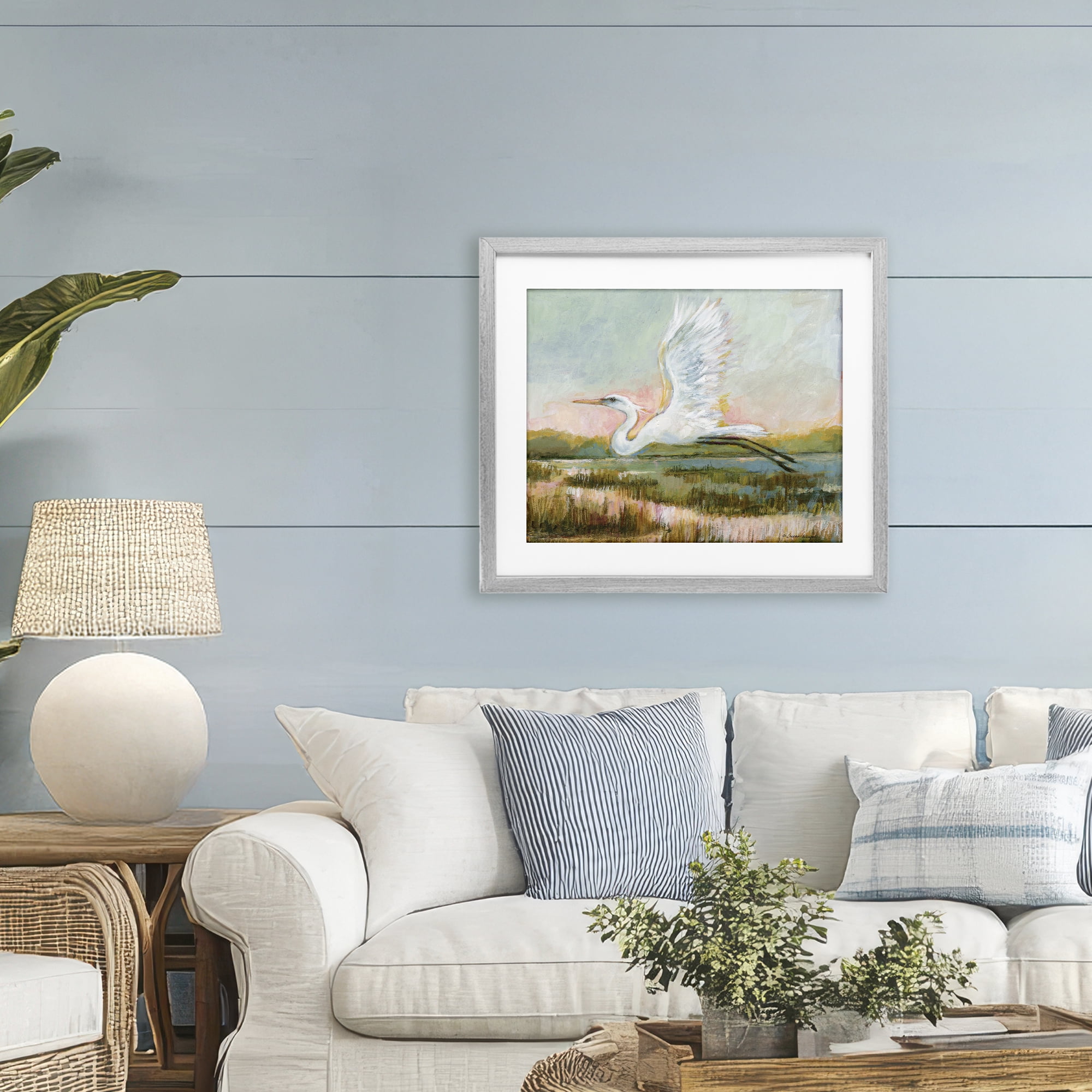 Stupell Industries White Heron Flying Gray Framed Print Under Glass, design by Susan Winget