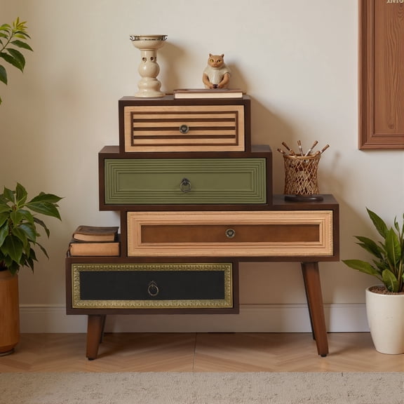Ahokua 29.8'' Wide Accent Chest with 4 Staggered Drawers, Mid-Century Side Table Nightstand with Color-Block Drawer Fronts