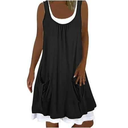 

Floleo Women s Dress Discount Summer Summer Fashion Casual Round Neck Solid Sleeveless Splicing Dress Clearance