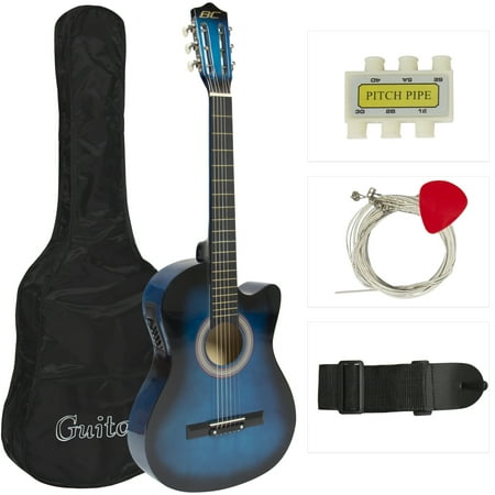 Hybrid Acoustic Electric Guitar - Best Choice Products 38in Beginners Acoustic Electric Cutaway Guitar Set with Case, Extra Strings, Strap, Tuner, Pick (Blue)