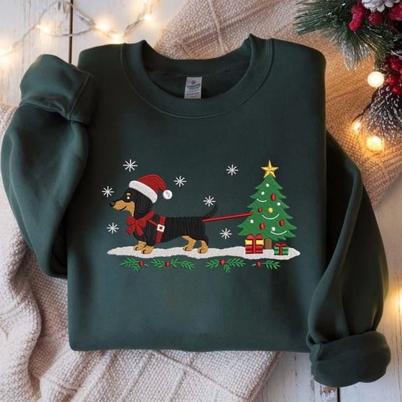 Embroidered Dachshund Christmas Sweatshirt, Sausage Dog Holiday Sweater, Christmas Tree Embroidery Shirt, Cute Dog Lover Gift