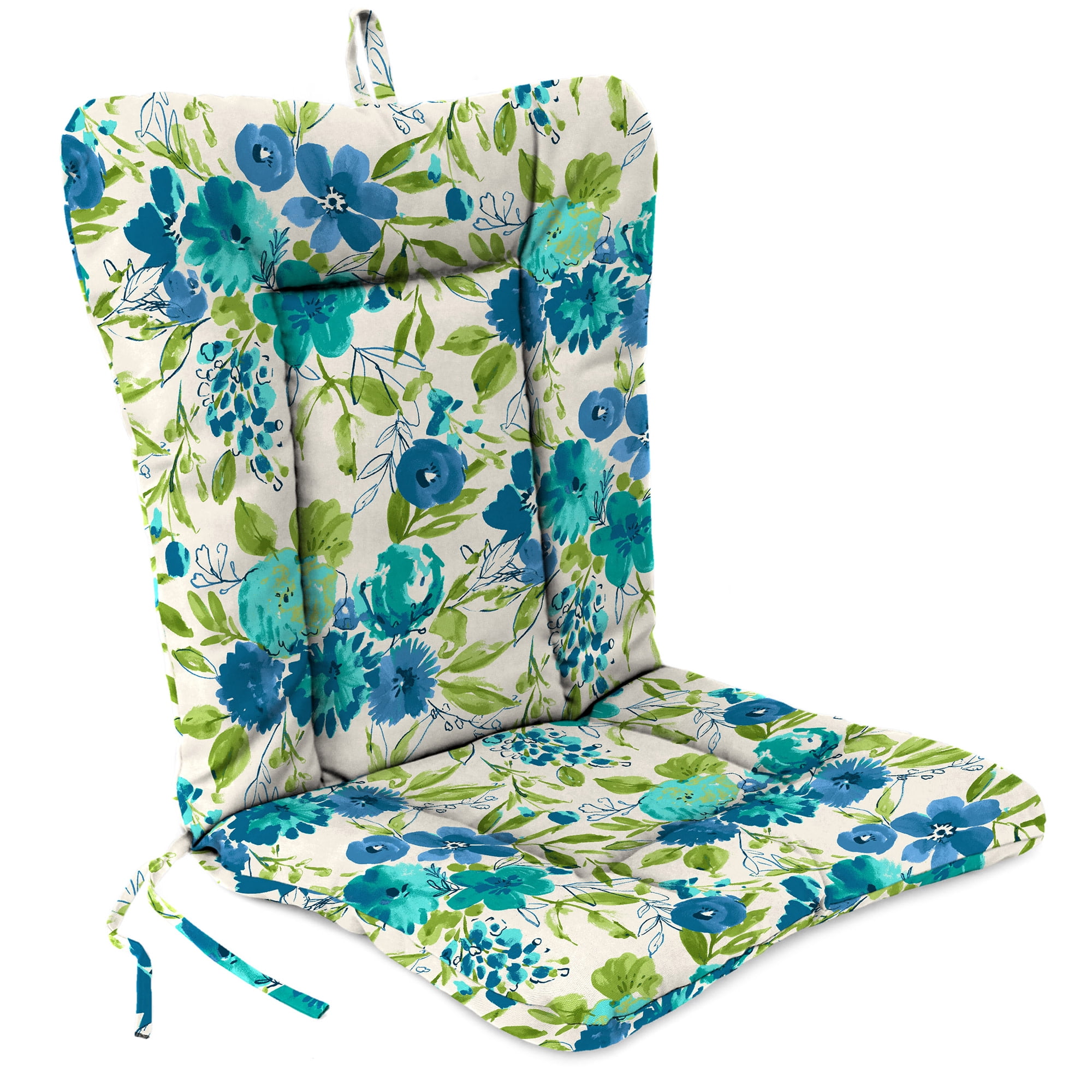 Jordan Manufacturing 38" x 21" Bettina Aqua Cream Floral Rectangular Outdoor Wrought Iron Chair Cushion with Ties and Hanger Loop (2 Pack)