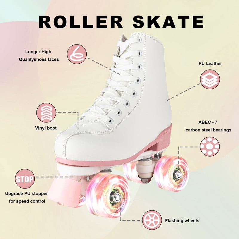 SHIBAILI Light up Roller Skates for Unisex Adult Teen,White Cartoon,Free Skate,Pink flash wheel(Women6.5/Men5.5)