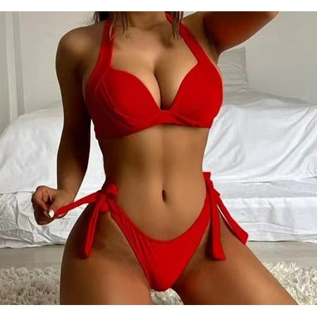 Fashion Swimwear Set  Push-Up Padded Bikini  Solid Color  Women s Beachwear  Comfortable Fit  Supportive Bra  Quick Dry Material  Fashionable Design  Swimwear for Women  Swin Suit | Red S  Sopatenor