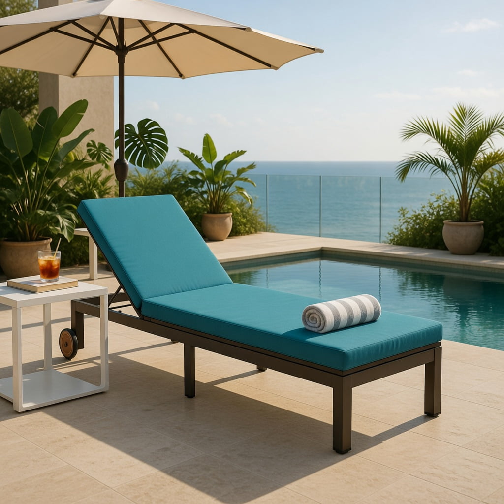 Hommoo Outdoor Chaise Lounge Chair, PE Rattan & Acacia Wood Recliner with Adjustable Backrest, Wheels & Removable Cushion for Patio, Deck, or Poolside, Turquoise