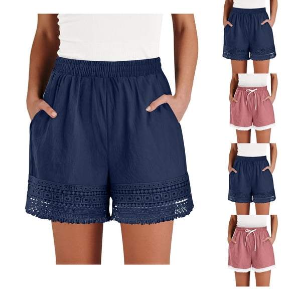YHAJDS Ladies Shorts Solid Washed Crinkle Lace Trim Elastic Waist Pockets Beach Casual Wear