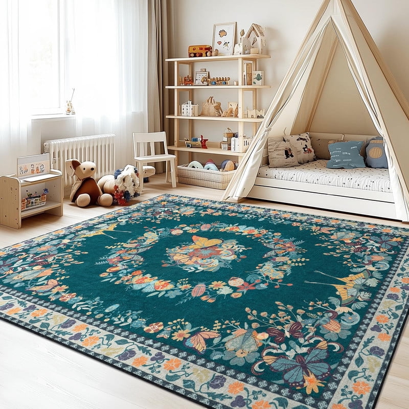 6x9 Washable Dark Green Area Rug for Living Room, Soft Low Pile Butterfly Insect Printed Throw Rugs with Rubber Backing, Non-Slip Stain Resistant Large Carpet for Bedroom Office Dining Girls Room