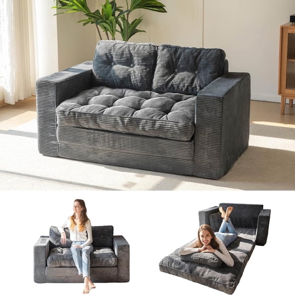 Convertible Sofa Bed, 2 in 1 Folding Couch Bed, Fold Out Floor Couch with Pillows for Living Room Bedroom Lounge, Dark Grey