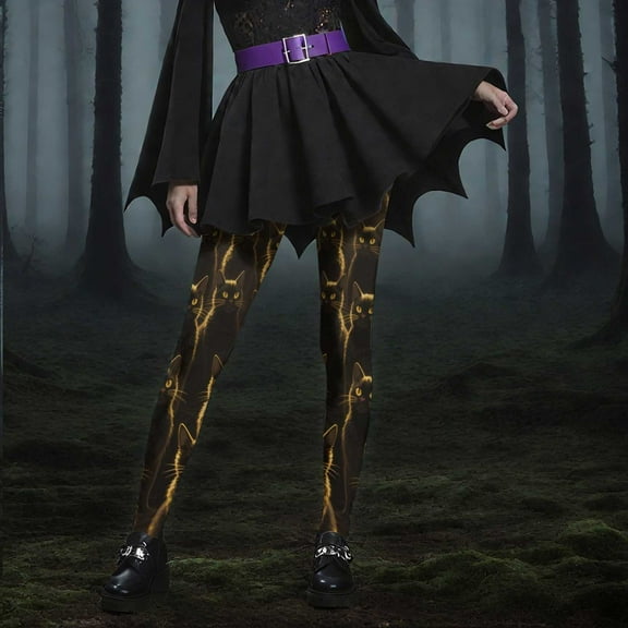 Aobny Yoga Leggings Festival Women Gold Cat-Print Leggings Ankle Slim-Leg High Waisted Womens Leggings Size 10-12,L