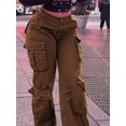 thumbnail image 2 of Women Mid Waisted Cargo Jeans Flap Pocket Straight Wide Leg Casual Baggy Boyfriend Denim Streetwear Pants, 2 of 6