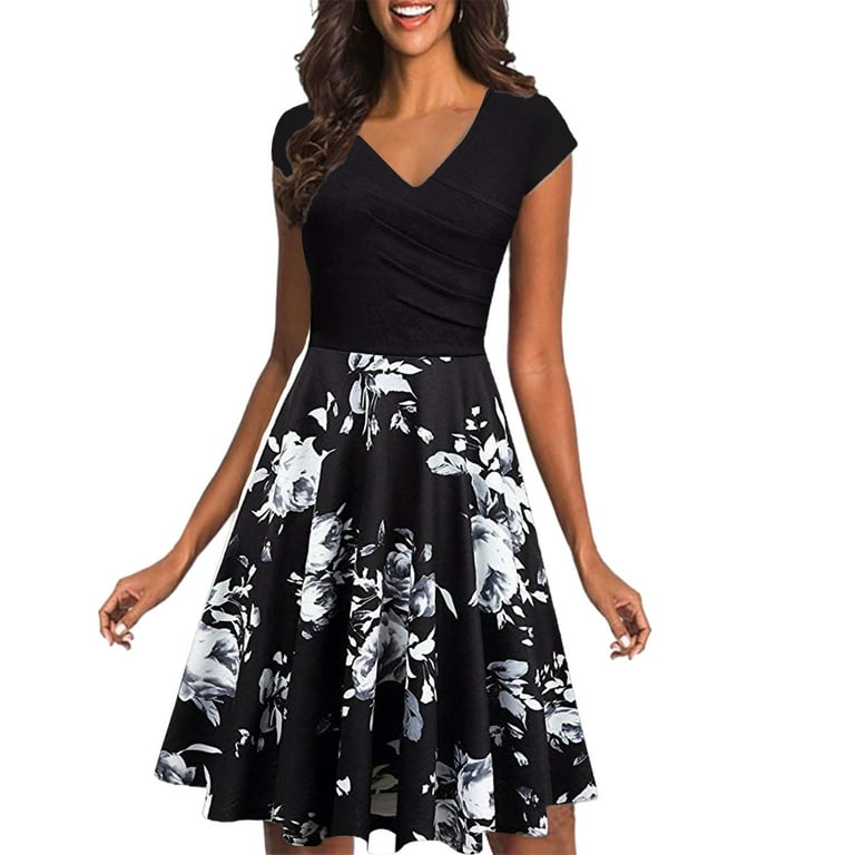 BEEYASO Clearance Summer Dresses for Women Printed V-Neck A-Line Knee  Length Casual 1/4 Sleeve Dress Black S 