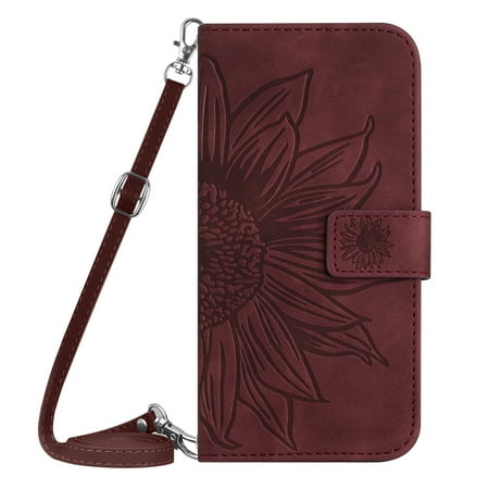 Dteck for Samsung Galaxy S10 Case, Crossbody Wallet Phone Case Embossed Flower PU Leather with Card Holder, Magnetic Closure Flip Folio Case with Lanyard,Winered