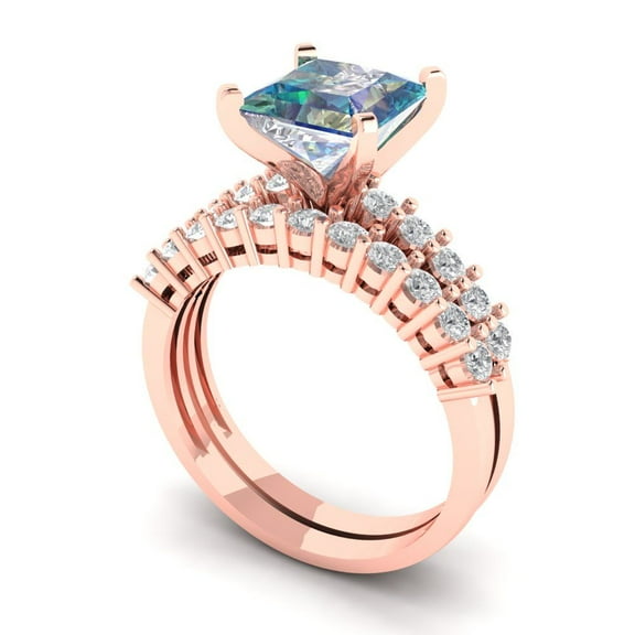 Clara Pucci 14K Rose Gold Princess Cut 2Ct Synthetic Blue Moissanite Engagement Ring   Matching Band - Luxury Box Included