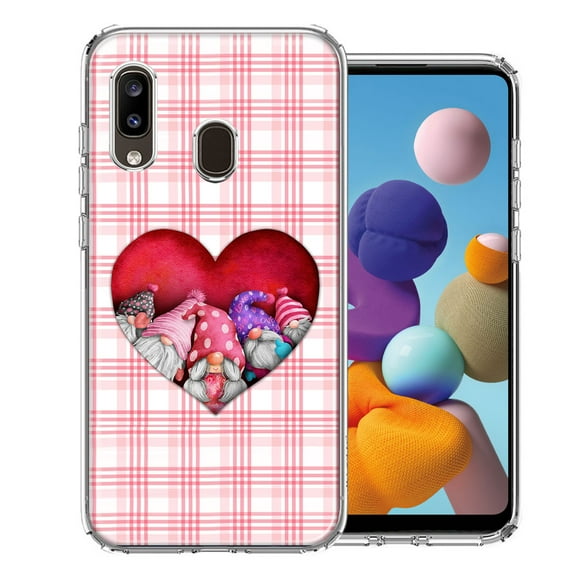 MUNDAZE for Samsung Galaxy A20 Valentine's Day Garden Gnomes Heart Love Pink Plaid Double Layer Phone Case Cover