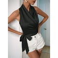 thumbnail image 6 of Women'S Satin Blouse Wrap V Neck Sleeveless Tie Side Summer Elegant Crop Tops Black S, 6 of 7