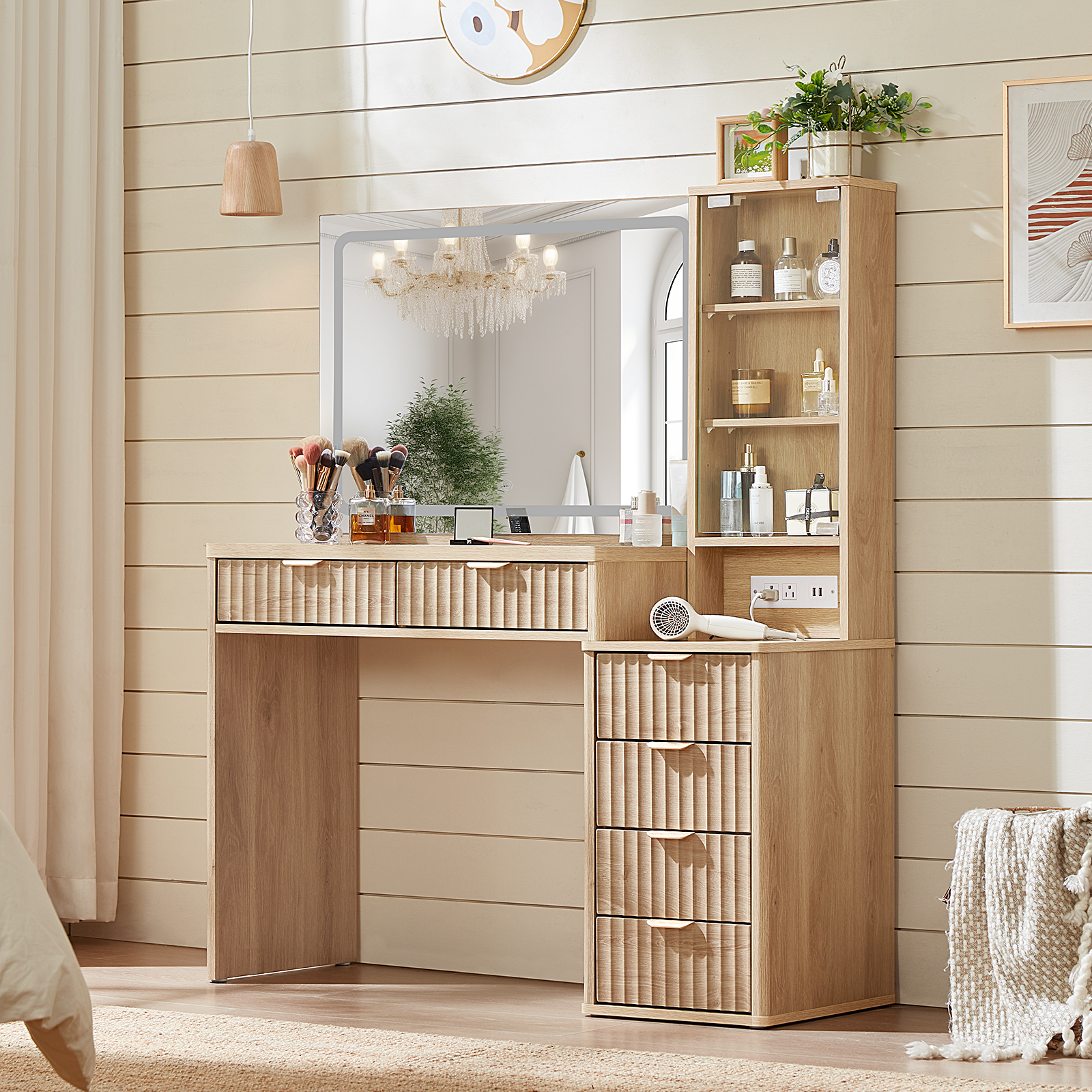 43.5" Fluted Vanity Desk with Mirror and Lights and Power Outlet, Makeup Vanity with Large Desktop & Drawers, Vanity Set with Stool for Bedroom, Natural Wood