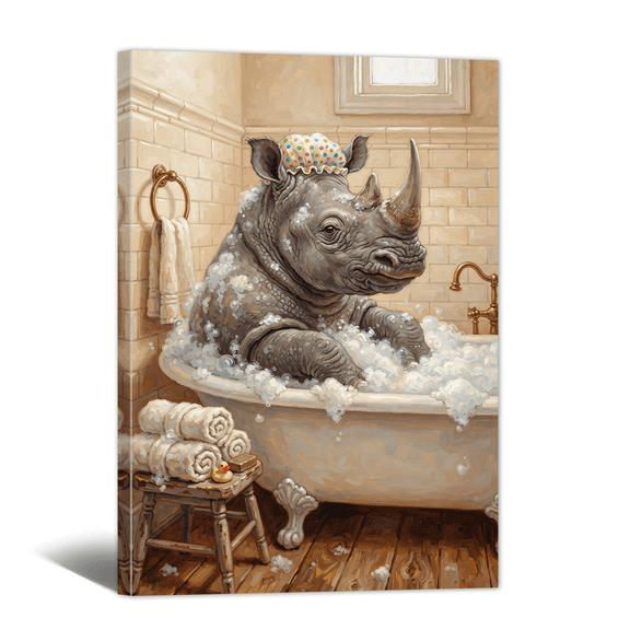 Funny Bathroom Canvas Wall Art, Rhino Bathtub Paintings Colorful Print, Vintage Cute Animal Bathing with Rainbow Bubble Artwork for Bathroom, Washroom, Restroom Wall Decor