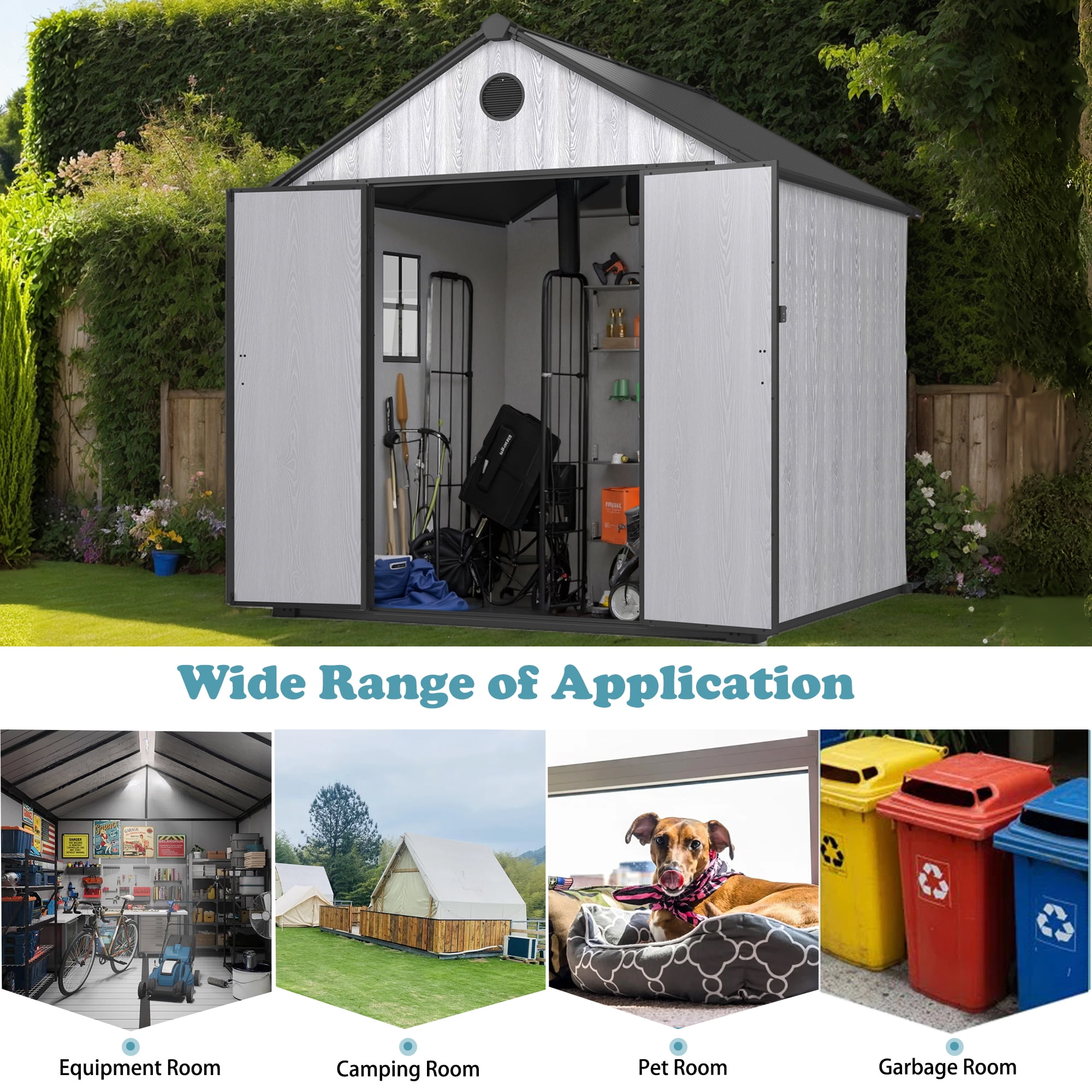 Syngar Plastic Resin Garden Storage Shed, Large Tools Shed, 8' x 8' Outdoor Storage Shed with Lockable Doors for Patio