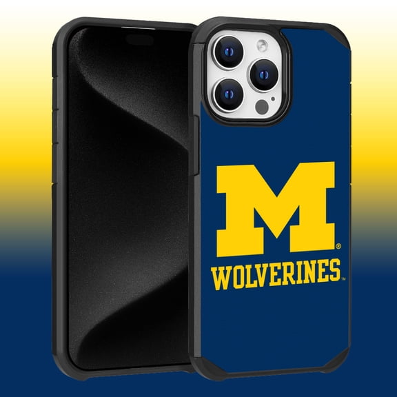 Apple iPhone 15 Pro Max (6.7) - Licensed NCAA University of Michigan Wolverines Logo on Dark Blue Textured Dual Layer Case