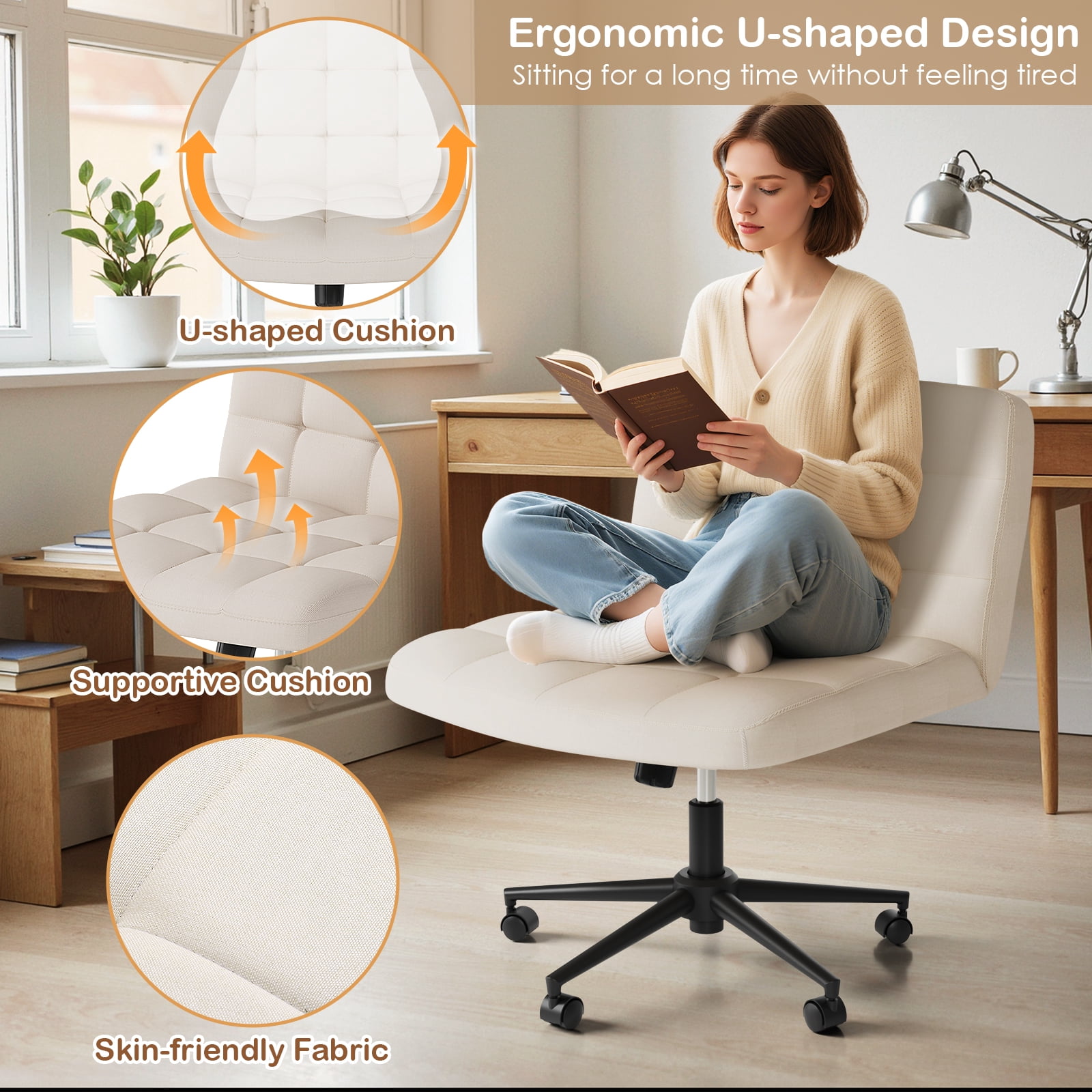 Arlopu Swivel Criss Cross Legged Chair with Wheels, Height Adjustable, Armless Home Office Chair with Comfy Wide Cushion for Home, Office, Vanity