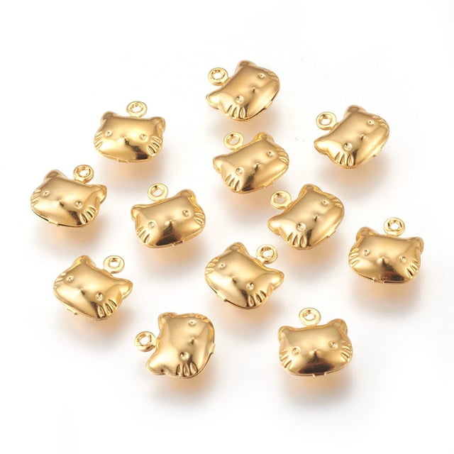304 Stainless Steel Kitten Charms Cat Head Shape Golden 9.5x10.5x4mm Hole: 1mm