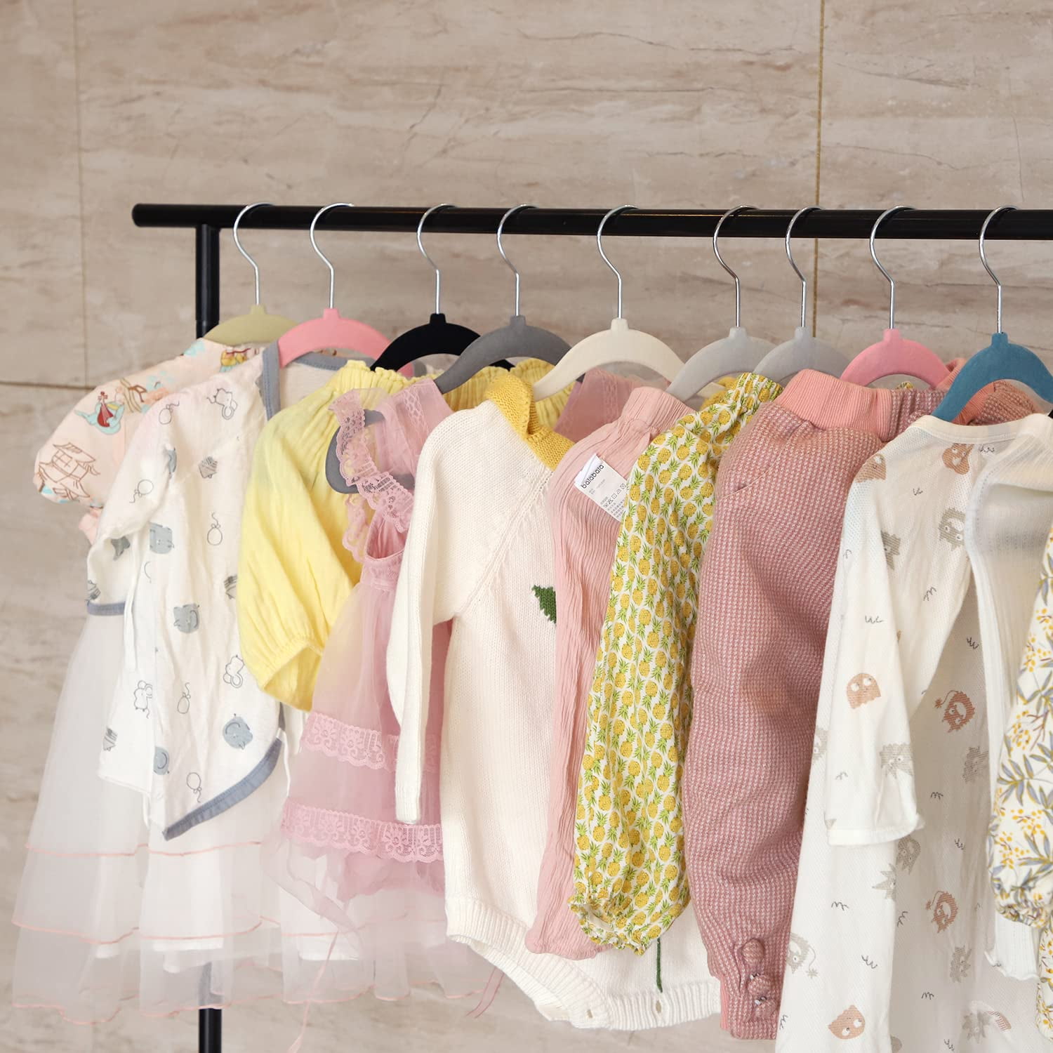 Kids Velvet Hangers 50 Pack 11.8 Inch Non-Slip Baby Toddler Clothes Hangers with Notches and Swivel Hooks Space-Saving Beige