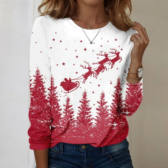 Inglocry Women Christmas Tops Long Sleeve Womens Top Funny Christmas Graphic Tshirts Crewneck Holiday Pullover Tops Hot Pink M