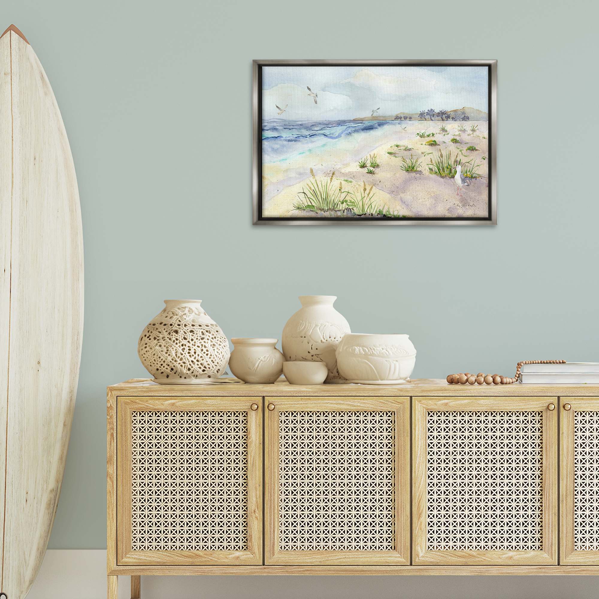 Stupell Industries Seagulls Over Beach Landscape Painting Gray Floater Framed Canvas Art Print Wall Art, 31 x 21